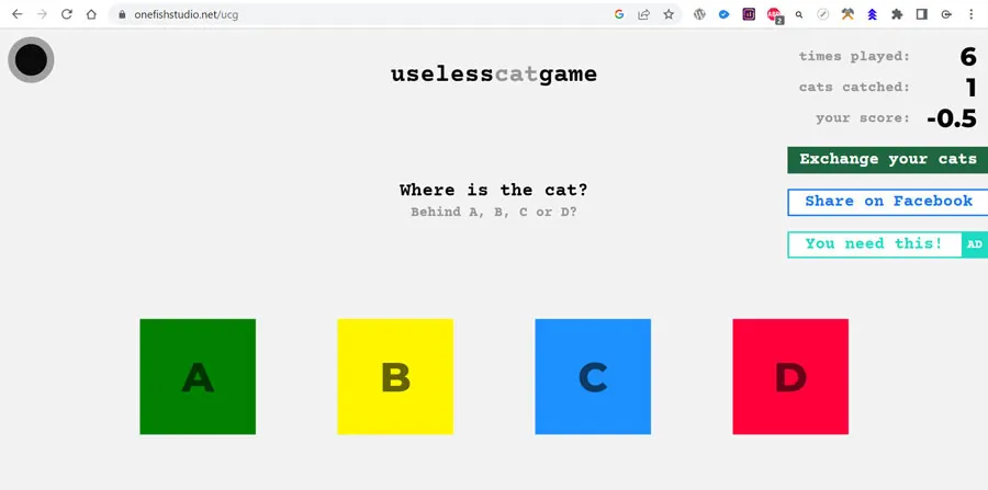 One Fish Studio’s useless cat game website screenshot