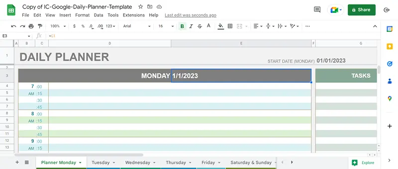 daily planner google sheet template screenshot