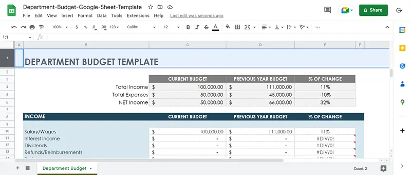 department budget and expense google sheet template