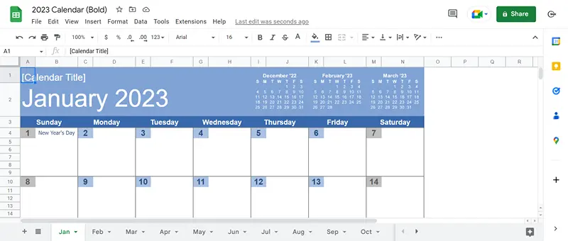 holiday calendar 2023 google sheet screenshot