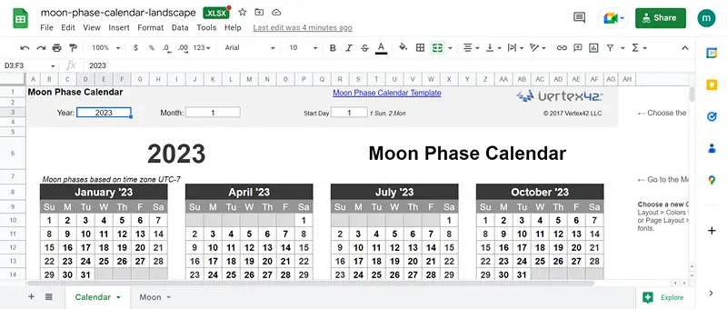 google sheet phases of the moon calendar screenshot
