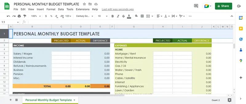 personal budget and expense google sheet template