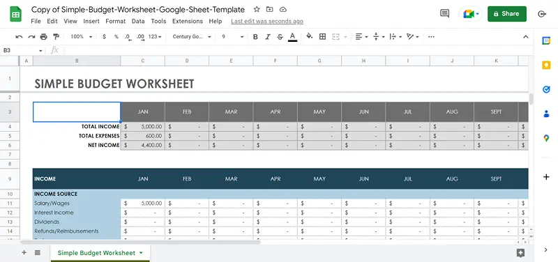 simple budget and expense google sheet template