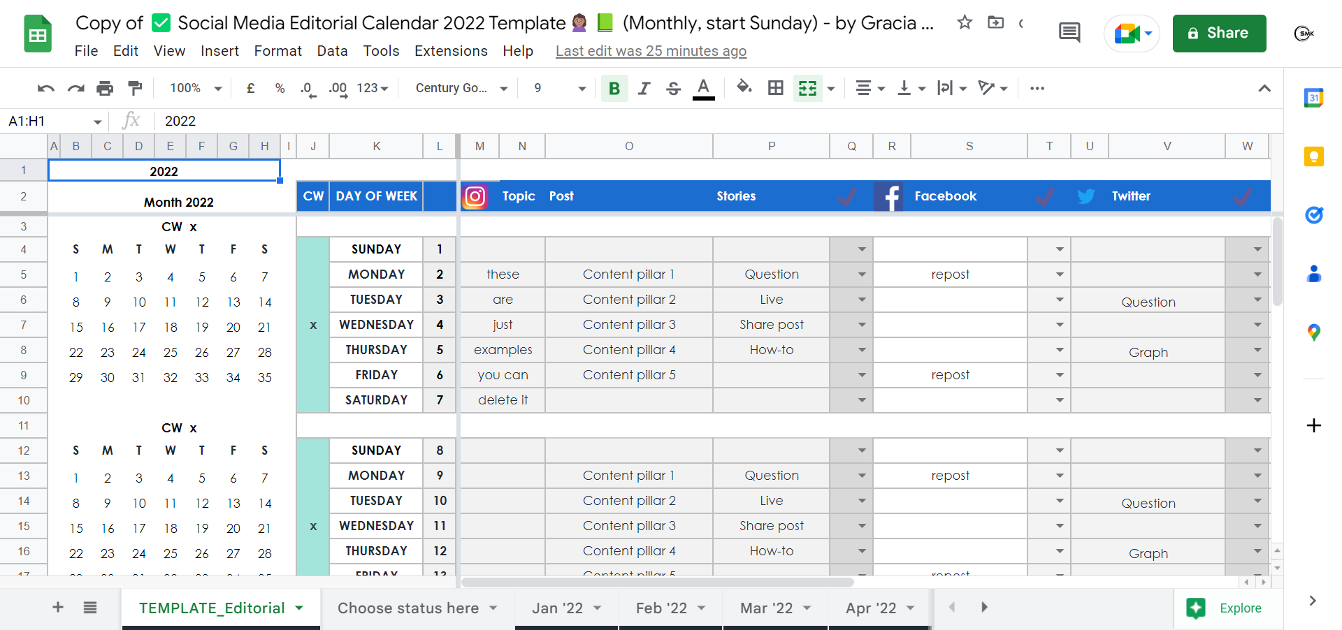 social media content calendar screenshot