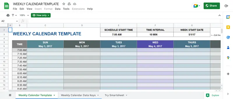 weekly calendar template google sheets screenshot