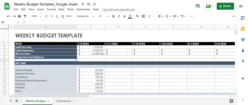 weekly budget and expense google sheet template