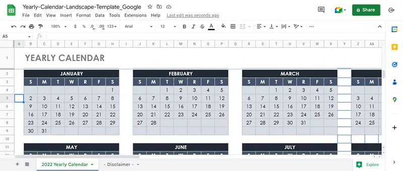 google docs yearly calendar landscape